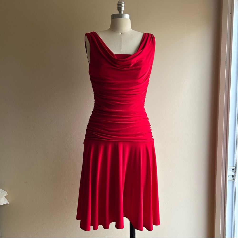 R&M Richards Red Ruched Cowl-Neck Midi Dress
